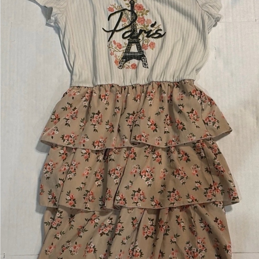 Beige Floral Tiered Girls Dress with Paris Graphic